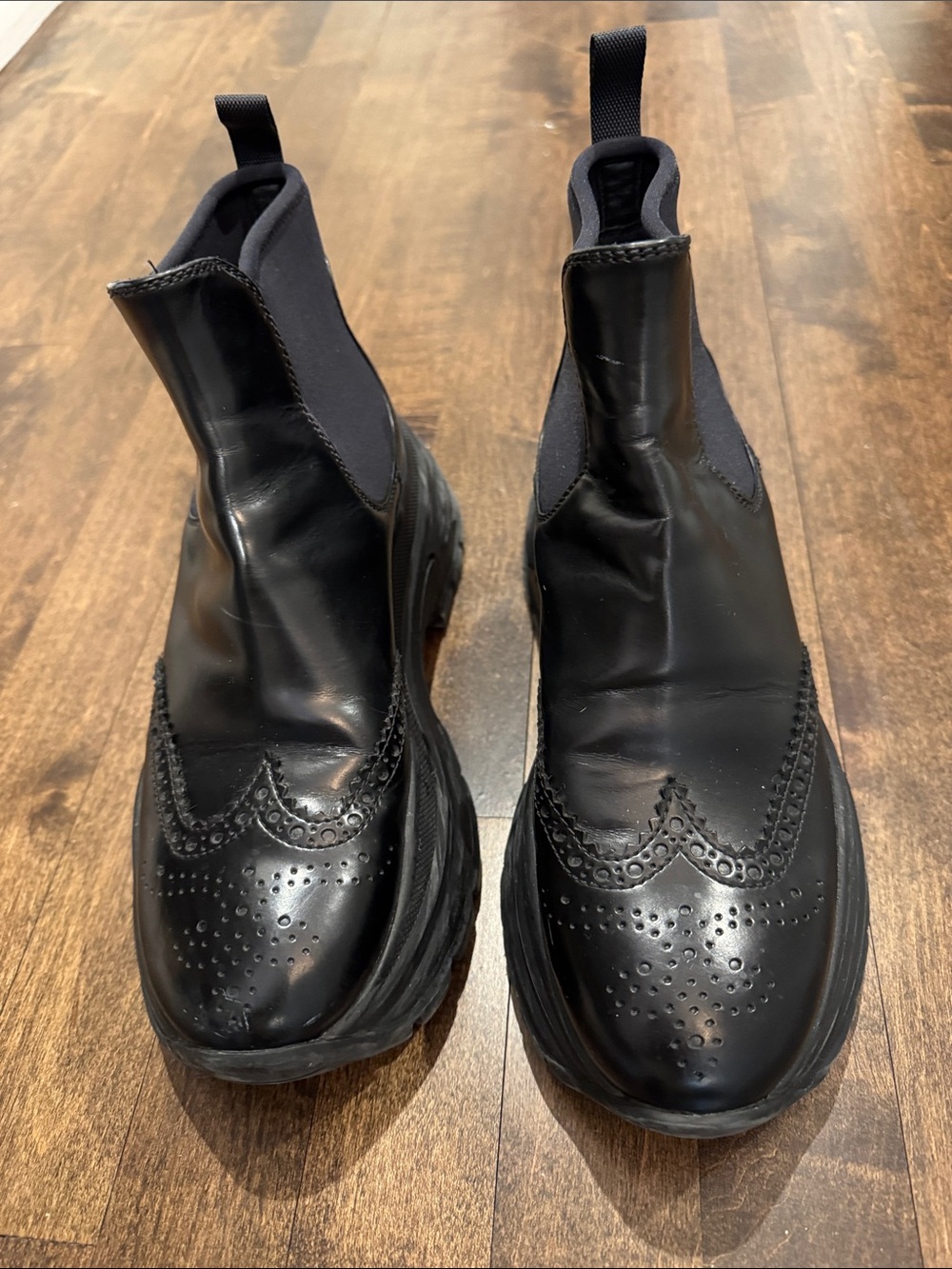 Prada Black Leather Brogue Chelsea Ankle Boots